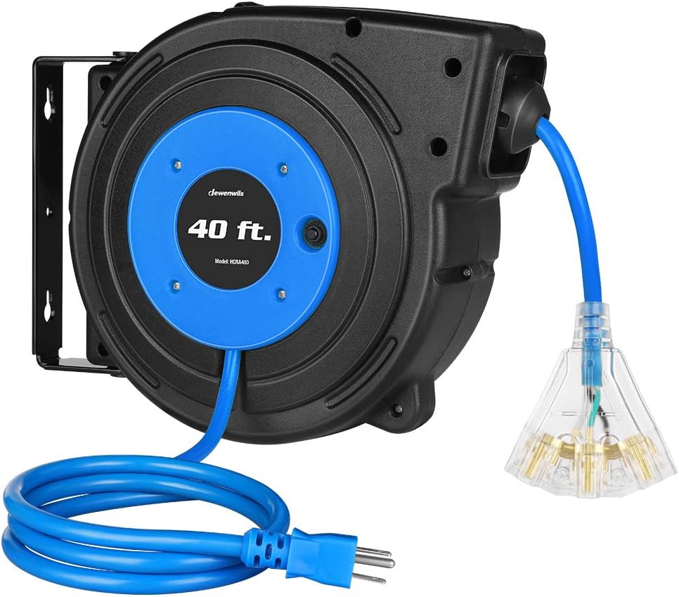DEWENWILS 40FT Retractable Extension Cord Reel, Heavy Duty Power Cord Reel with 3-Lighted Triple Outlets, 12AWG/3C SJTOW Cord, 15A Circuit Breaker, Wall/Ceiling Mounted, UL Listed, Yellow