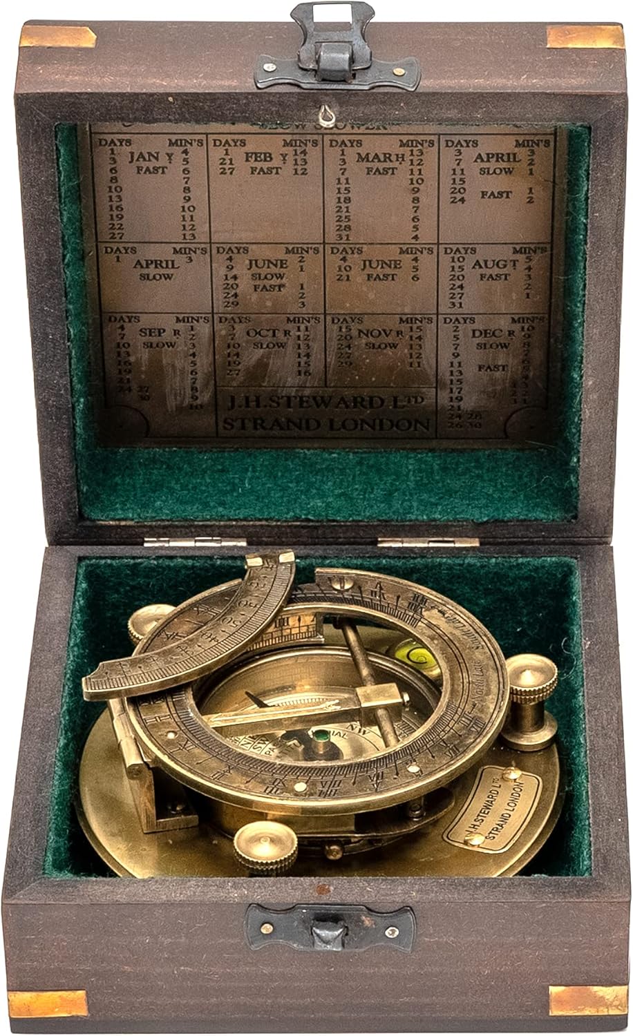 Antique Look Maritime Ship Navigation Brass Sailor Sundial Compass with Wooden Box Vintage Gift Item J.H.Steward Ltd. Strand London Functional Sundial with time Chart Pack of 2