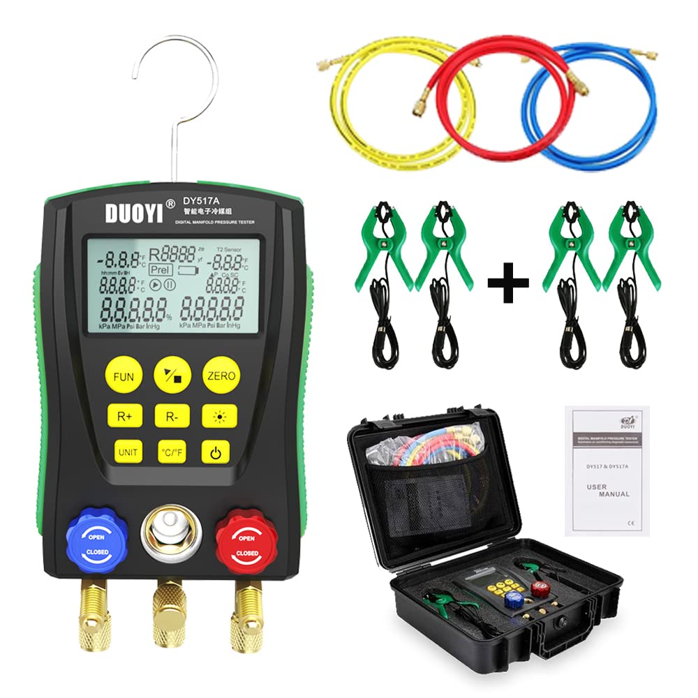 Refrigeration Digital Manifold Gauge Set for Air Conditioning/Refrigerator Digital Gauges HVAC with Double Pressure&Temp Test Manifold Digital, HVAC Gauges with Hose, Temperature Control Clip, Toolbox