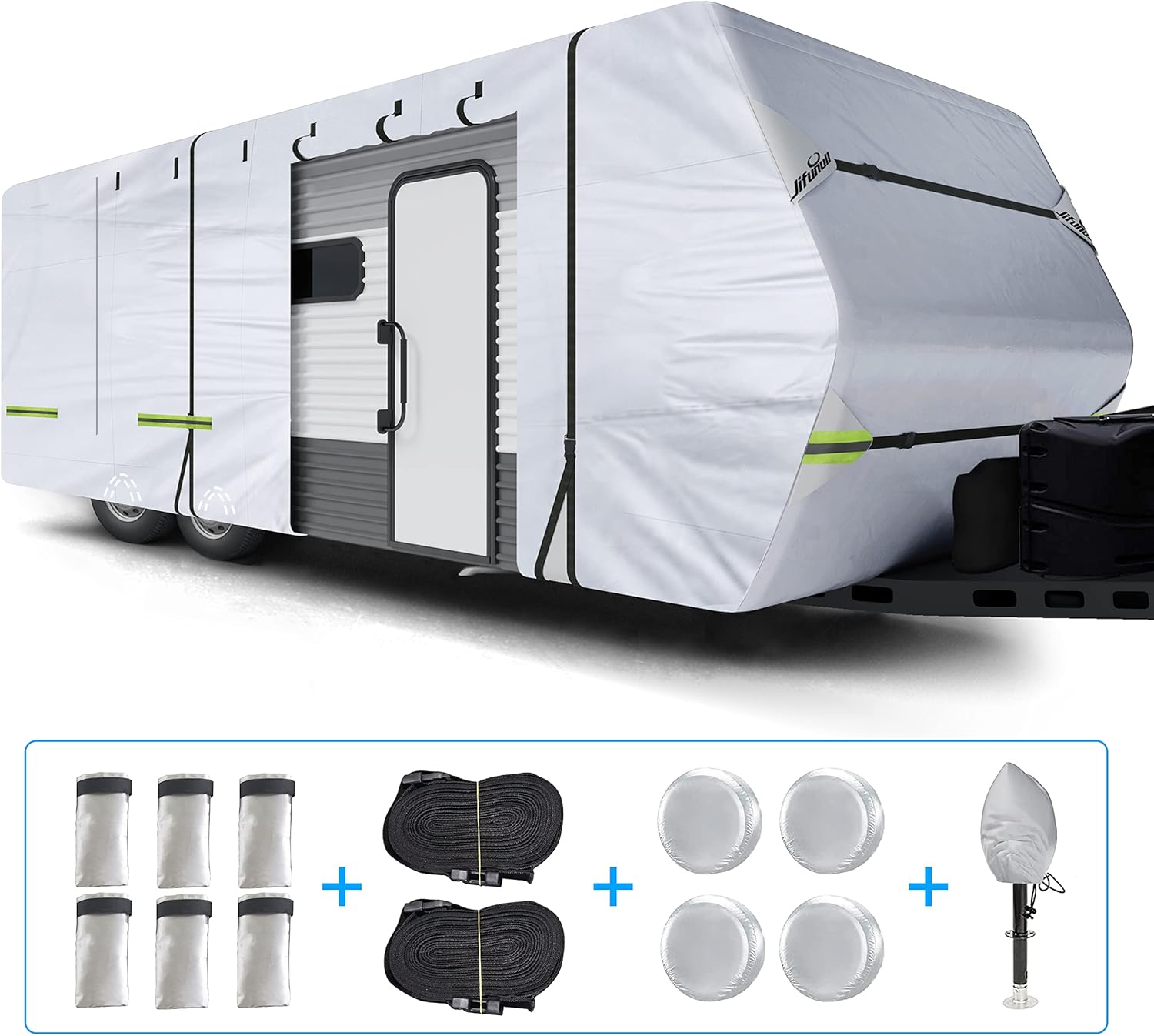 Jifunull Travel Trailer Cover, 500D Rip-Stop Windproof RV Cover Fits 20'-22' Motorhome, Upgraded Anti-UV & Waterproof Camper Cover with Tire Covers, Windproof Straps, Tongue Jack Cover, Gutter Covers