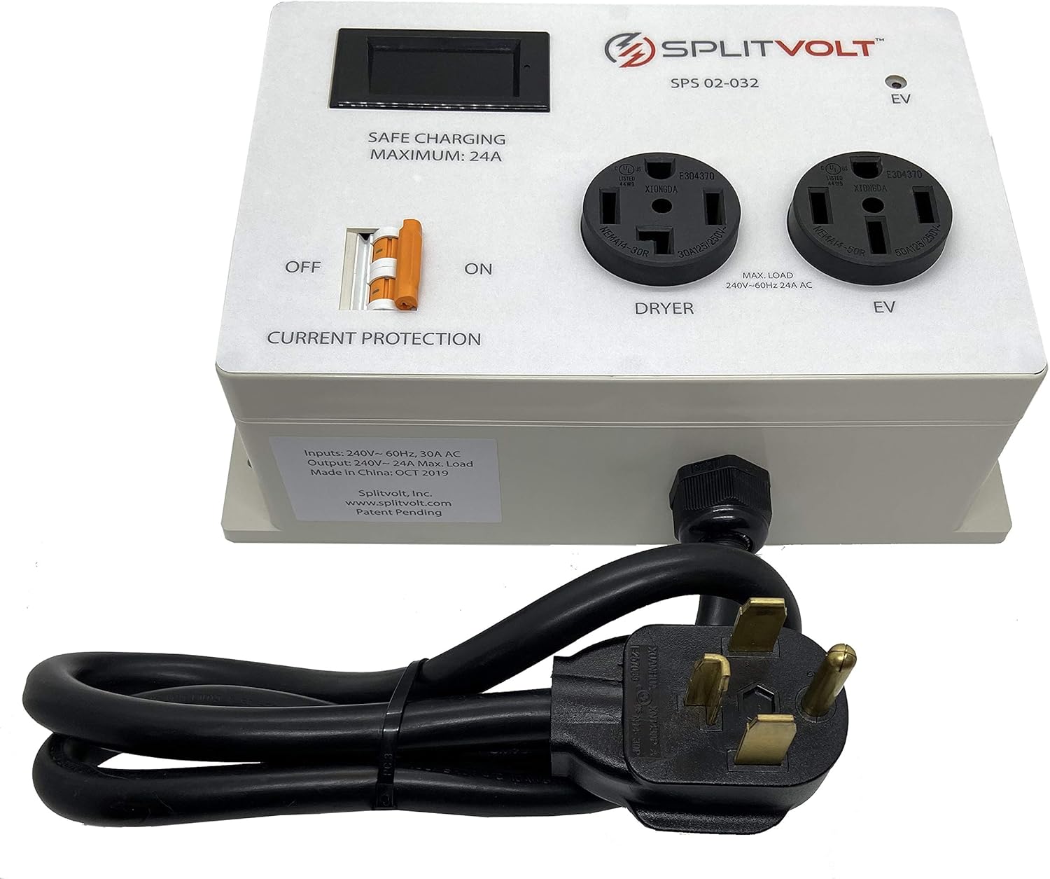 Splitvolt NEMA 14-30/14-50 Splitter Switch (TM) 14-30 Plug to 14-30 Outlet (A) & 14-50 Outlet (B) - Automatic Power Switching for Dryer & EV, Internal Safety Breaker & Real-time Display, 24 Amp, 240V
