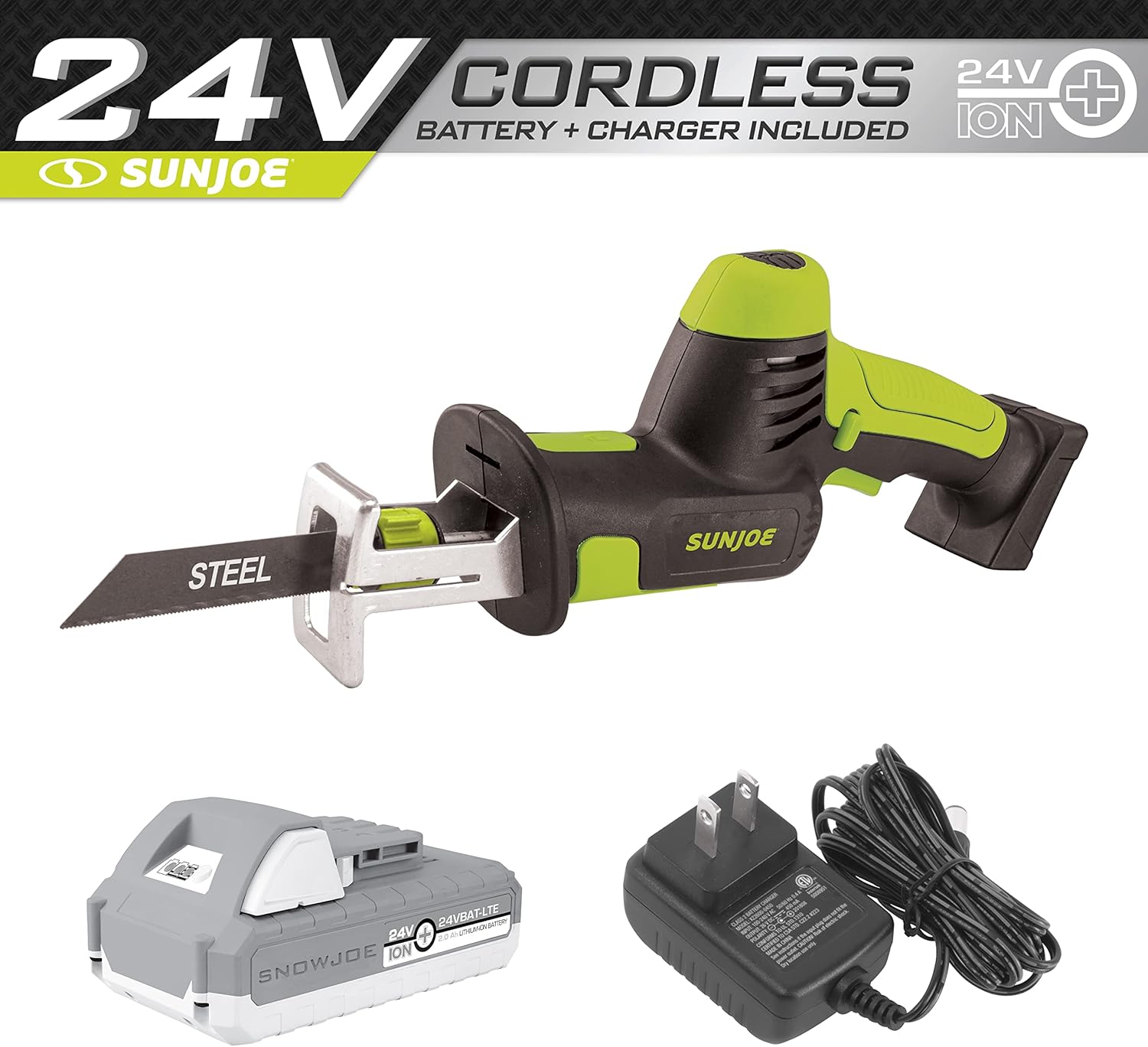 Sun Joe 24V-MPSWVG-LTE-SJG 24-Volt iON+ Cordless All-Purpose Reciprocating Saw Kit | w/ 2.0-Ah Battery and Charger | 4-Cutting Blades | For Wood and Metal
