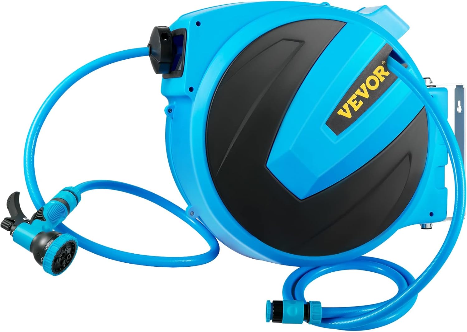 VEVOR Retractable Hose Reel, 1/2 inch x 75 ft, Any Length Lock & Automatic Rewind Water Hose, Wall Mounted Garden Hose Reel w/ 180° Swivel Bracket and 7 Pattern Hose Nozzle, Blue