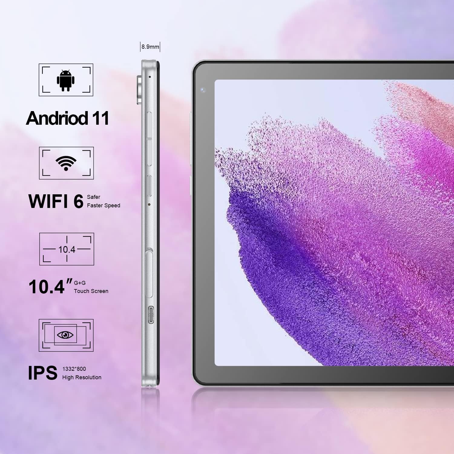 Tablet 10.4 inch WiFi 6 Android 11 32GB 6000mAh Battery Quad Core 1332x800 IPS Touchscreen Tablets (Silver)
