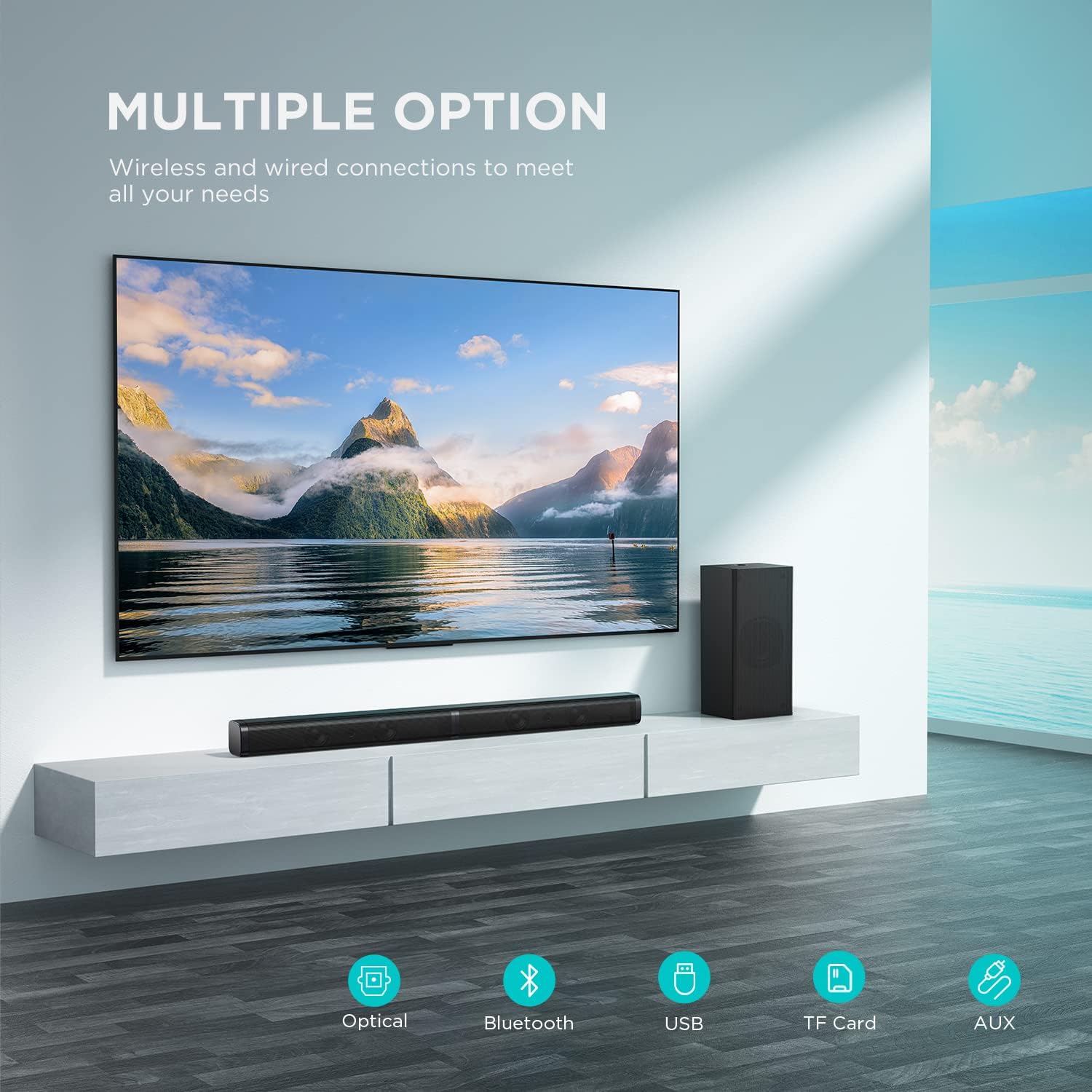 XZJX Direct 2.1 Slim Sound Bar, Sound Bar with Subwoofer, 110dB+100W, 5 Smart EQ Modes, LED Off, Optical/Aux/USB Sound bar | Multi-Connection Pack of 2