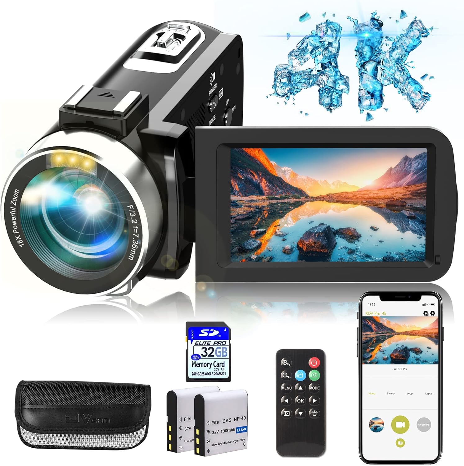 Hojocojo UHD 4K Video Camera, WiFi Camcorder with IR Night Vision, Touch Screen 16X Digital Zoom, Vlogging Camera for YouTube, Kids Video Camera with Built in Microphone, Remote,2 Batteries Pack of 2
