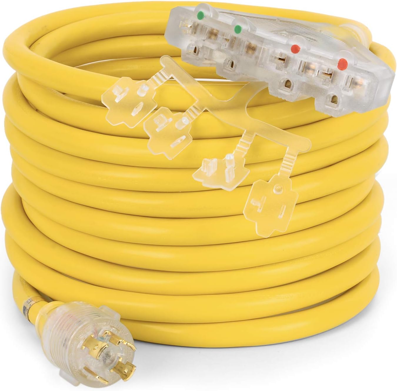 25 Feet Heavy Duty Generator Adaptor Extension Cord,Locking Cord,NEMA L14-30P/Four 5-20R, 4 Prong 10 Gauge Flexible Generator Cable,Generator Power Cord, 125/250V 30Amp 7500 Watts Pack of 2