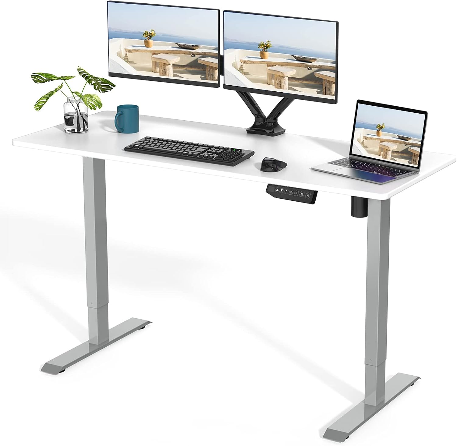 FLEXISPOT EN1 Electric Height Adjustable Desk 55 x 28 Inches Whole-Piece Standing Desk Home Office Sit Stand Up Desk Primo(Gray Frame +55 inch White Top)