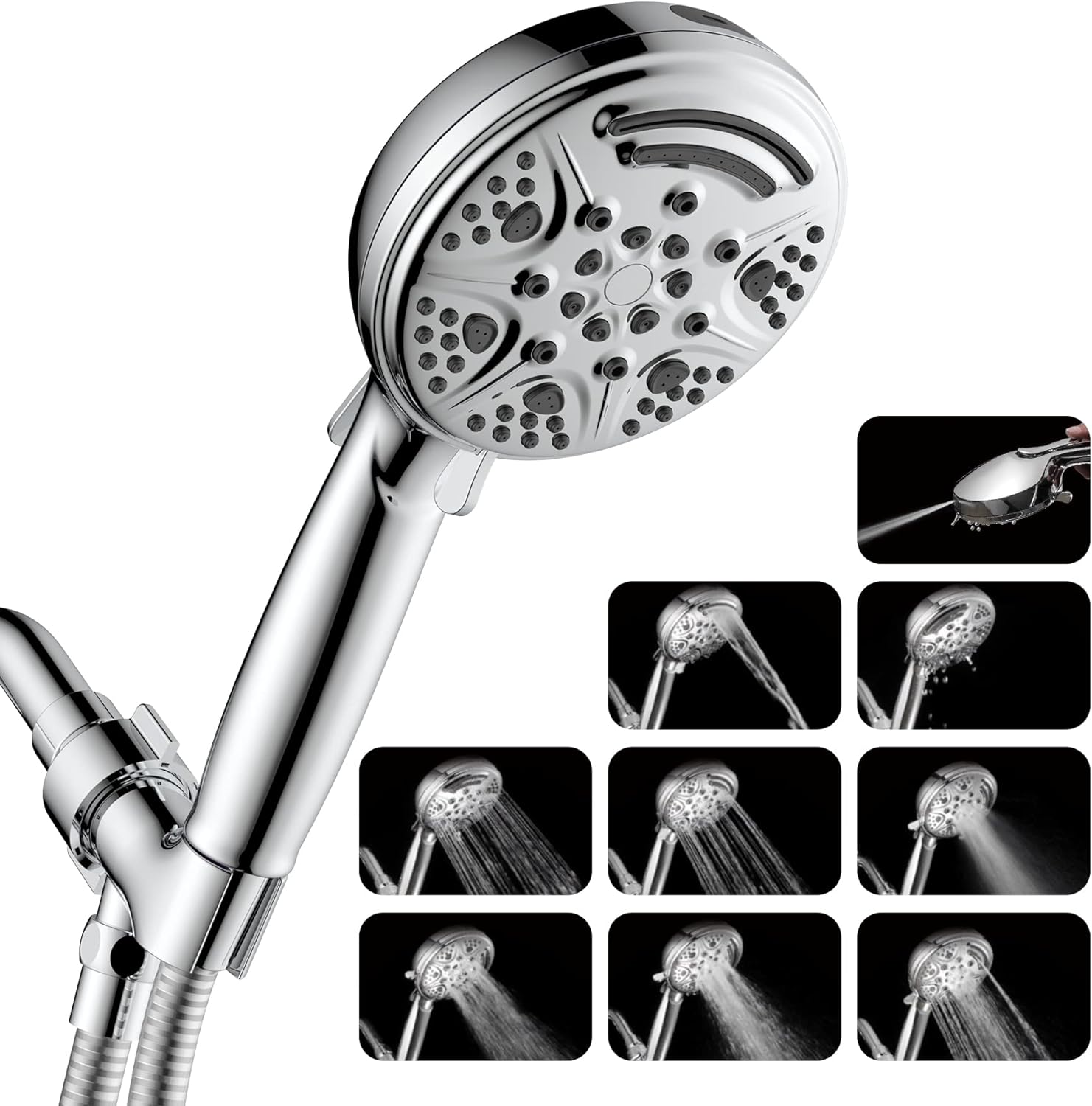 9-Mode Showerhead, High-Pressure Showerhead With Water-Saving Mode and Rehydrating-Spray Mode, Handheld Showerhead With 59-Inch Hose, Easy Installation, California Compliant (Silver) Pack of 2
