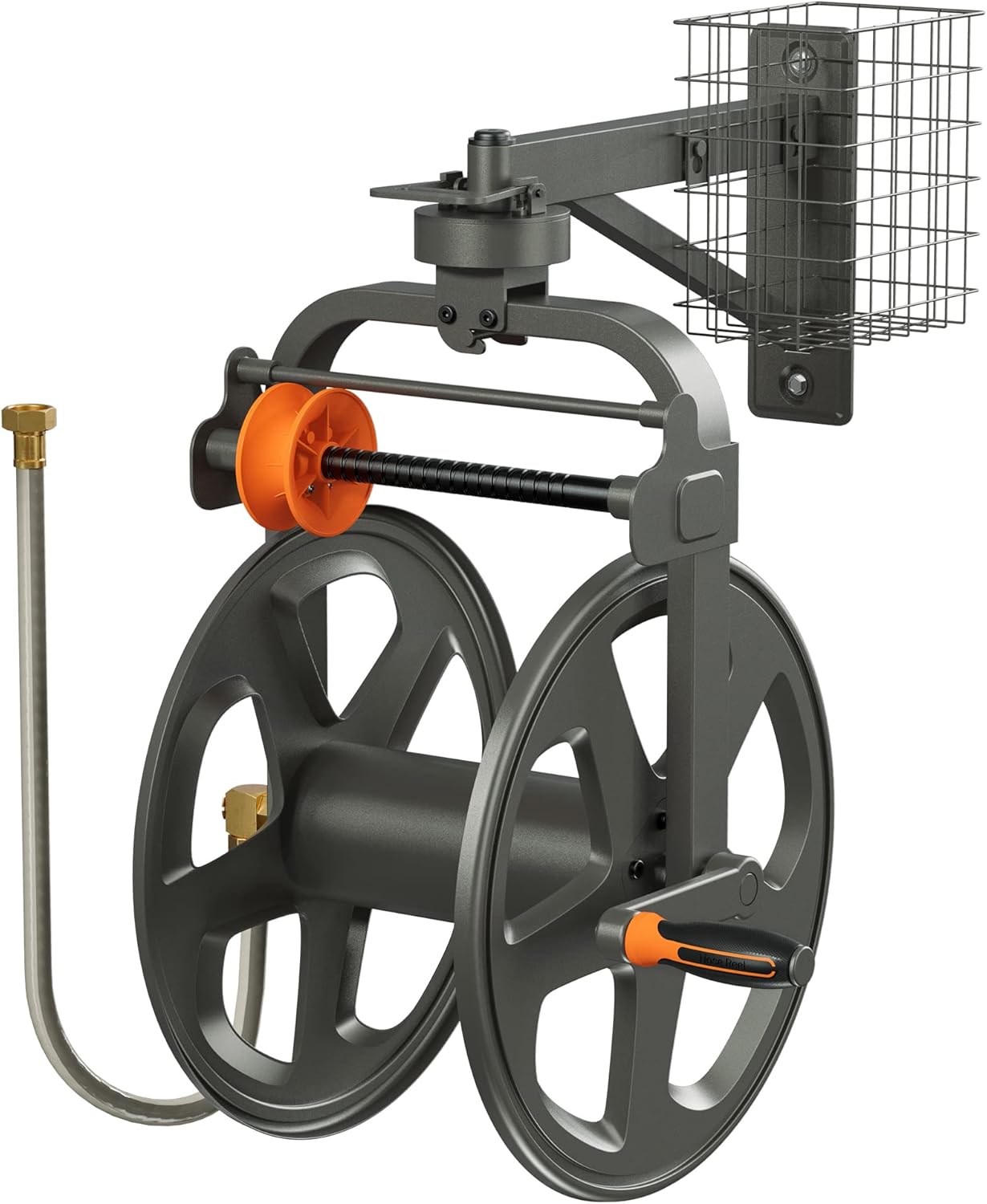 Garden Hose Reel, FIILPOW Hose Reel with Pipe Distributor, Holds 150 FT of 5/8-Inch Hose, Lock Mechanism Design, 360°Rotation & Leakproof Metal Heavy-Duty Wall Mounted Hose Reel with Detachable Basket