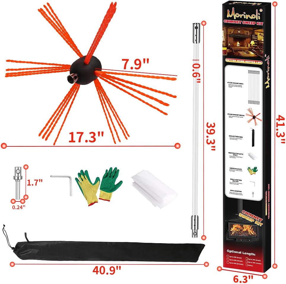 Morinoli 46 Feet Chimney Sweep Kit, Chrome Button Locking System, Chimney Cleaning Kit, Chimney Brush, Chimney Cleaning Tool, Chimney Cleaning System with 8 Flexible Chimney Rods