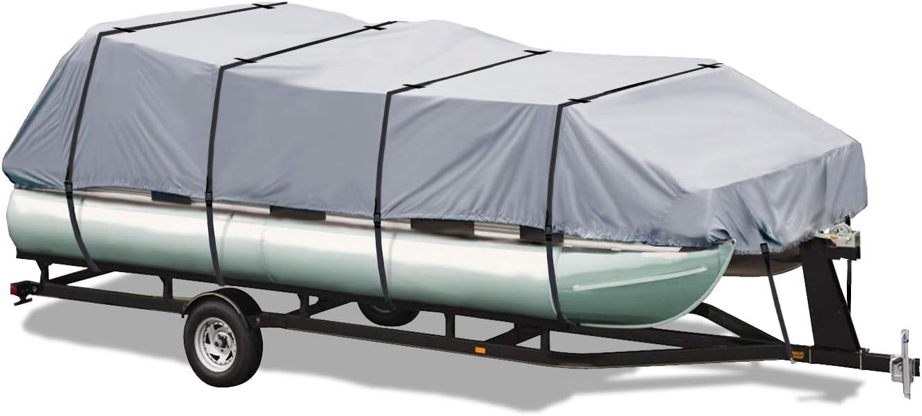 EliteShield Pontoon Boat Cover, Waterproof Marine Grade 600D Polyester Trailerable Boat Cover for Pontoons and Deck Boat Size 17 ft to 20 ft Long Blue Color