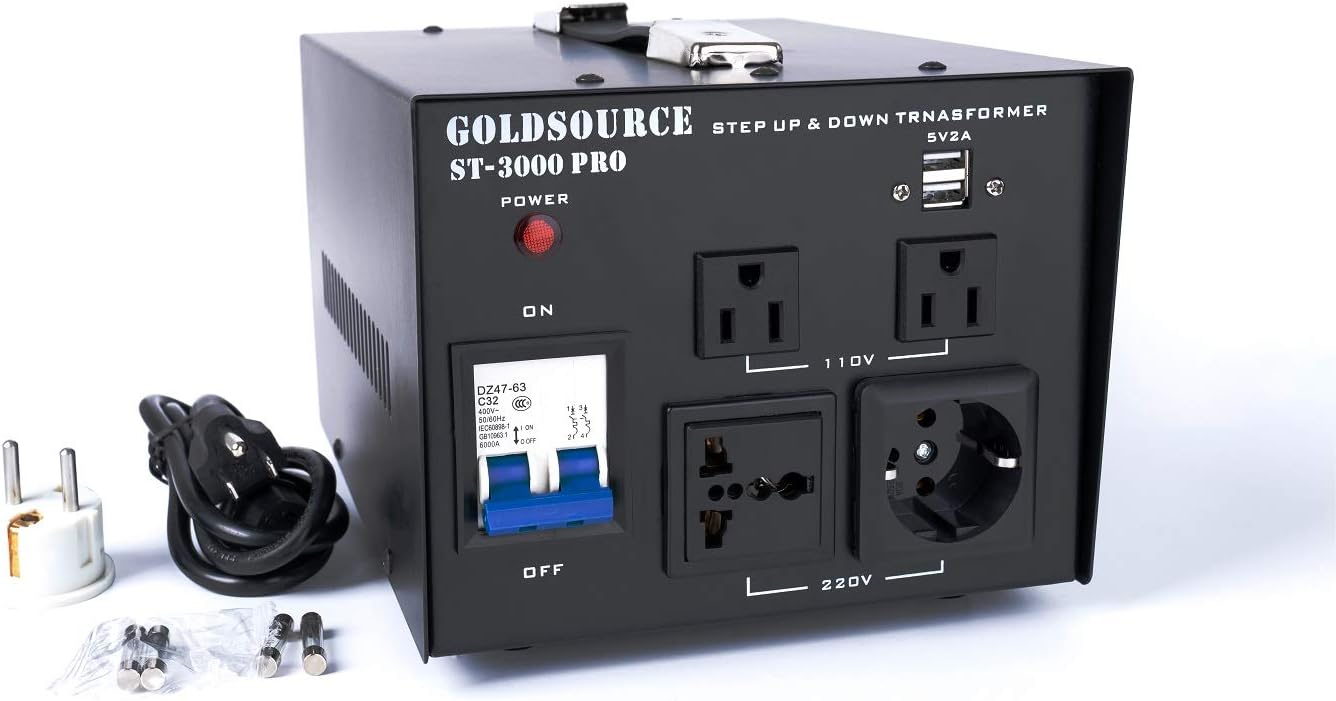 3000W ST-Pro Auto Step Up & Step Down Voltage Transformer Converter, Heavy-Duty AC 110/220V Converter with US Standard, Universal, Schuko AC Outlets & DC 5V USB Port by Goldsource [3-Year Warranty]