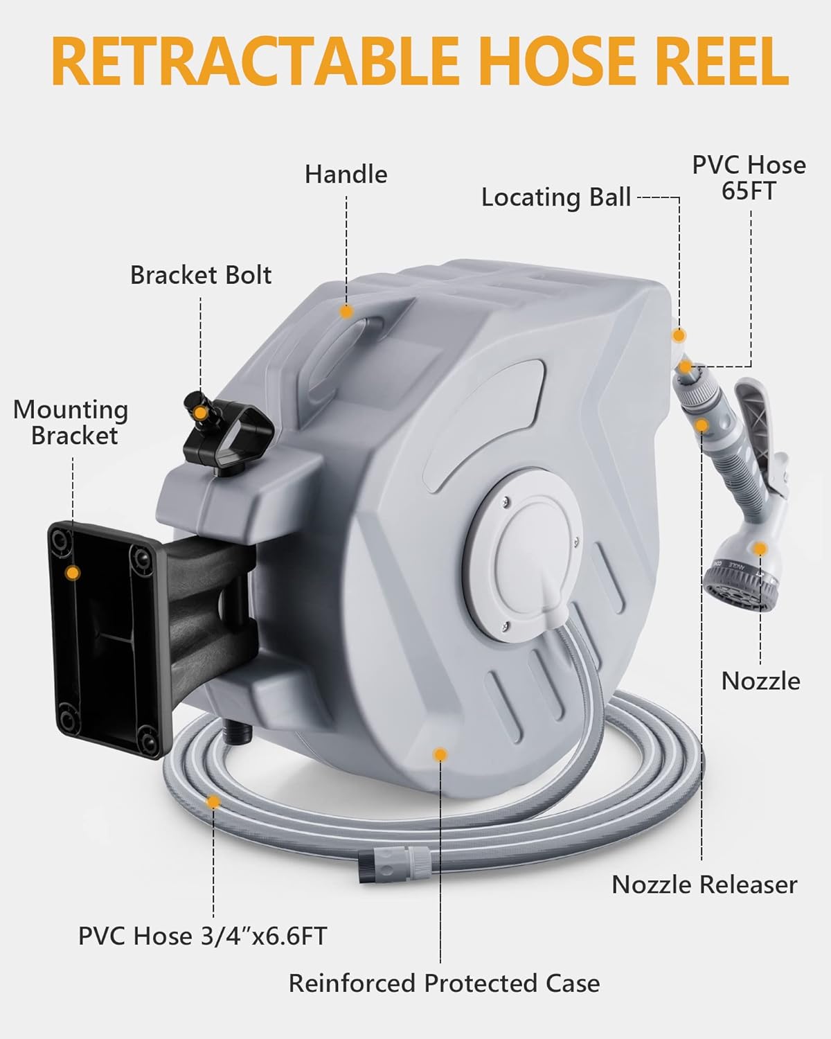 JINLLY Retractable Garden Hose Reel, 65FT Wall Mounted Water Hose Reels with 9 Pattern Hose Nozzle, 180° Swivel Bracket, Automatic Rewind, Slow Return System, Gray
