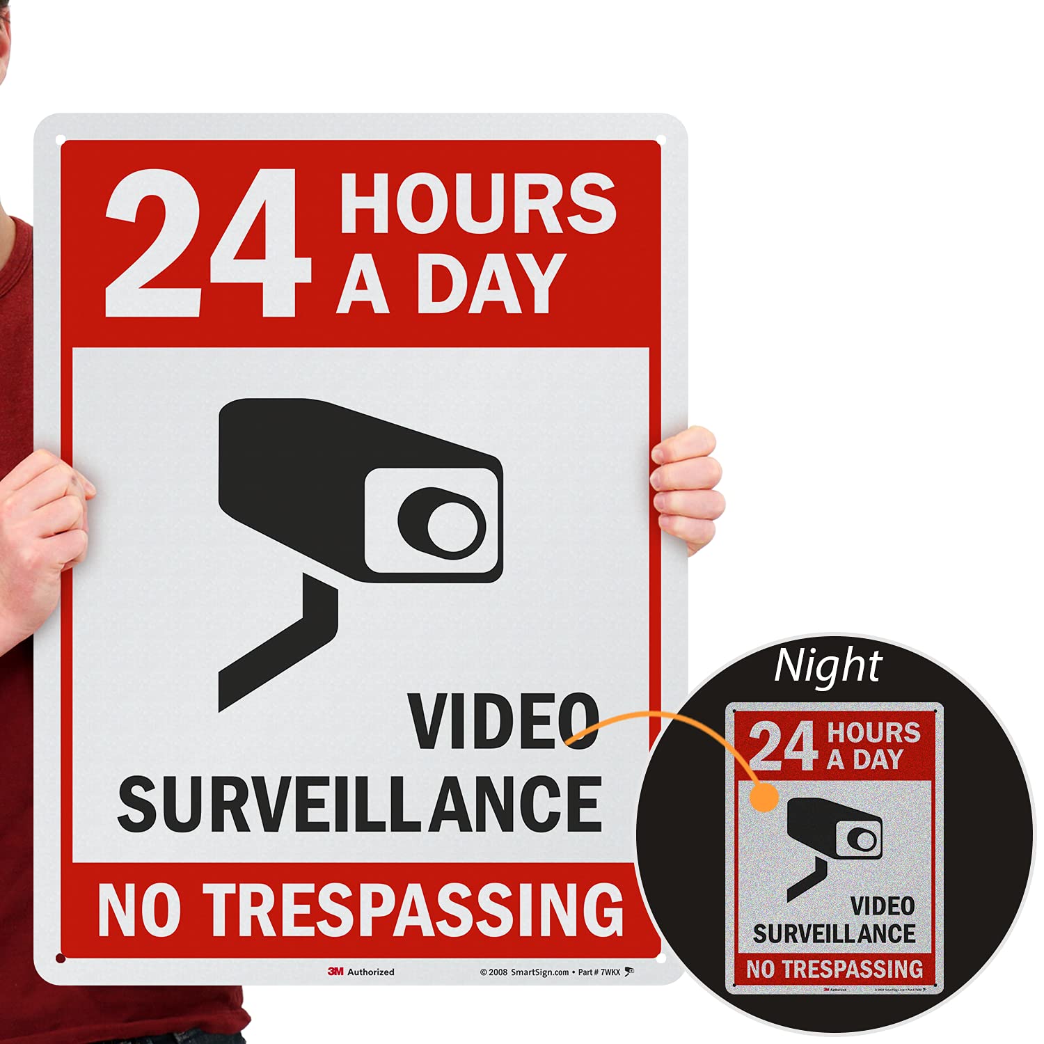 SmartSign 24 x 18 inch “24 Hours A Day - Video Surveillance, No Trespassing” Metal Sign, 80 mil Aluminum, 3M Laminated Engineer Grade Reflective Material, Red, Black and White Pack of 2