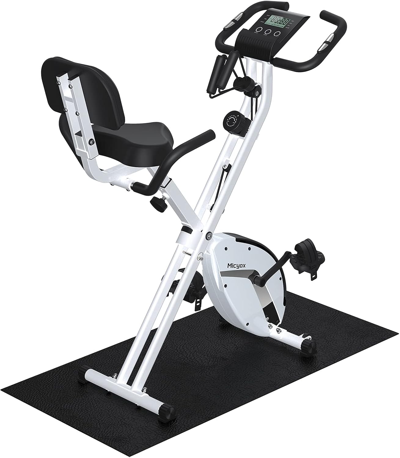 Folding Exercise Bike with Arm Resistance Bands and Equipment Mat, 16 Level Magnetic Resistance Upright Stationary Bike Indoor Cycling Bike for Home Workout Cardio Training