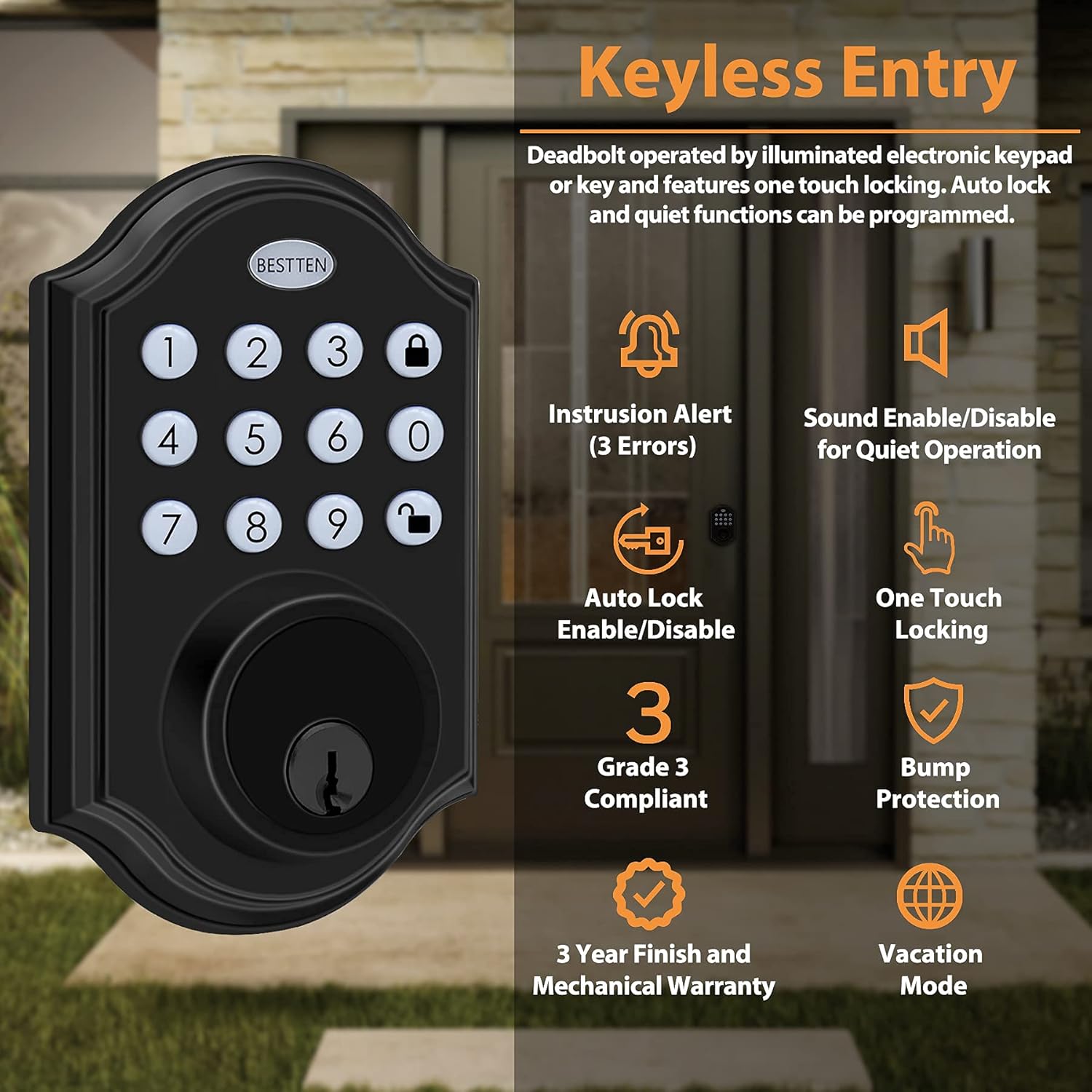 BESTTEN Classic Keyless Electronic Keypad Deadbolt, Digital Door Lock, Programmable Entry Deadbolt Lock, Traditional Style, Matte Black Pack of 2