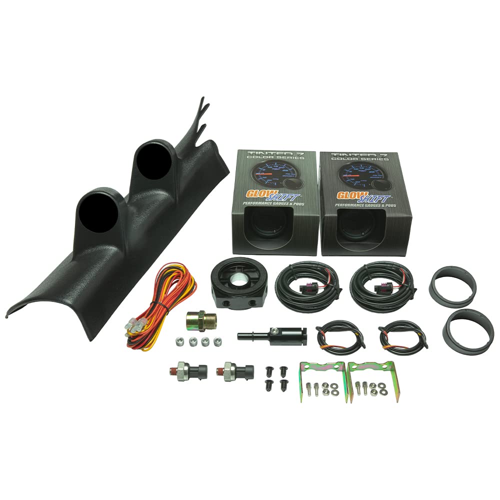 GlowShift Gauge Package Compatible with Chevrolet Chevy Camaro V8 2010-2015 - Tinted 7 Color 100 PSI Oil Pressure & Fuel Pressure Gauges - Black Full Size Dual Pillar Pod