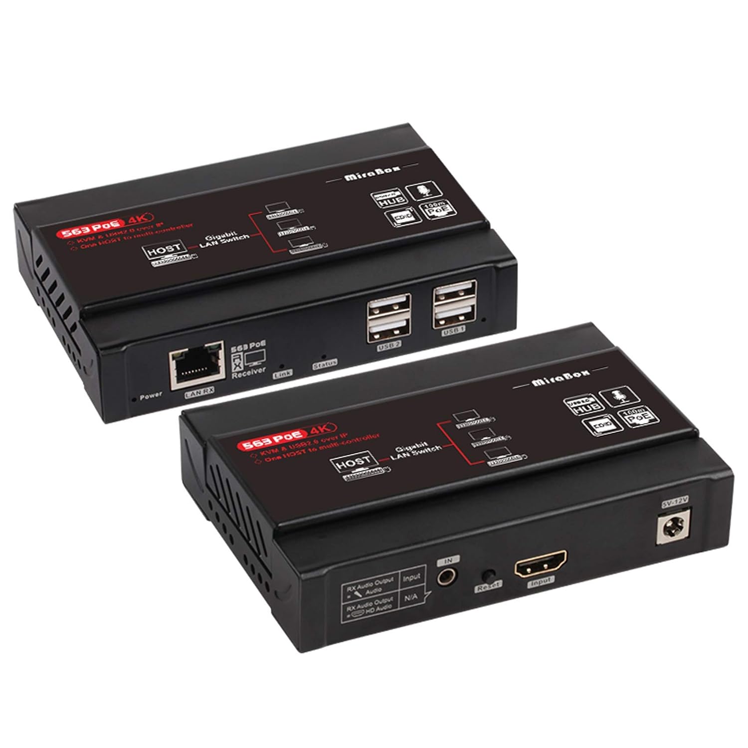 Mirabox 4K UHD KVM USB HDMI Extender Over IP Cat5e Cat6,Point to Point 180m 590ft,POE 100m 392ft,4K@30Hz 4:4:4,Visual Lossless,USB2.0 Pass-Through,Latency