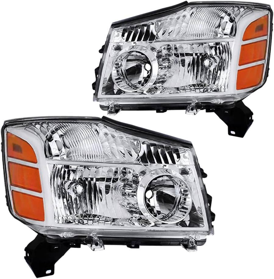 TUSDAR Headlight Assembly Compatible with 2004 - 2015 Nissan Titan / 2005 - 2007 Armada Left and Right Side(Chrome)