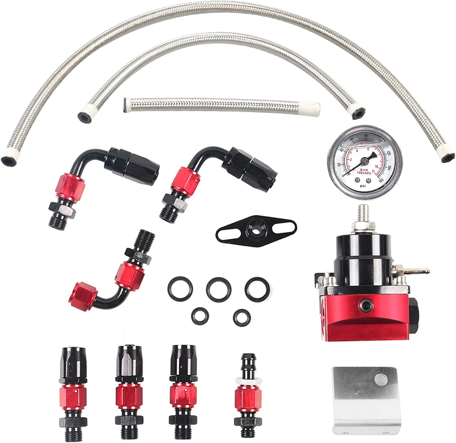 YESHMA Aluminum Adjustable Universal EFI Fuel Pressure Regulator Kit with 0-100psi Pressure Gauge AN6-6AN Fuel Line Hose Fitting Connectors Kit (Blue&Red) Pack of 2