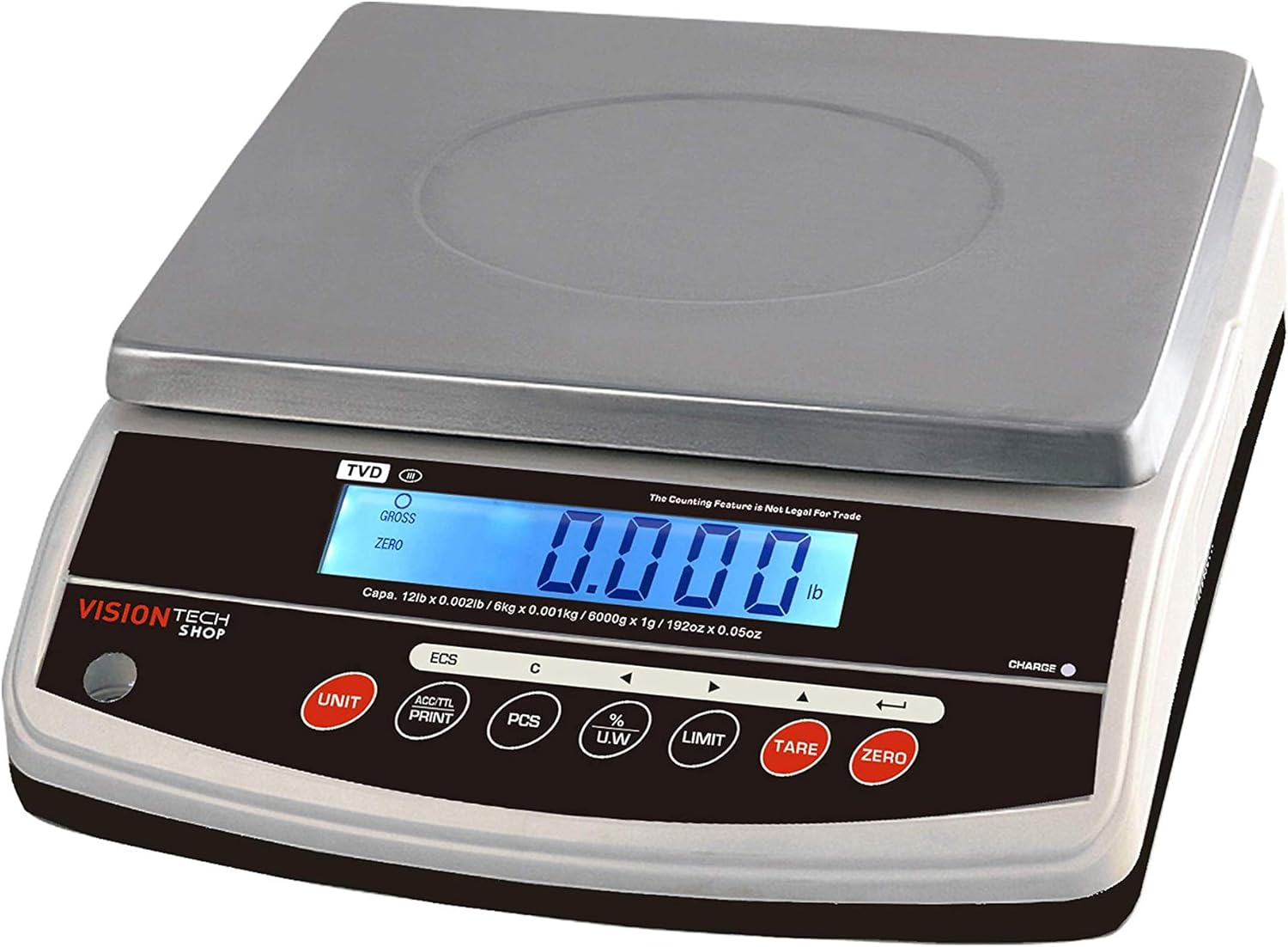 VisionTechShop TVD-12 Digital Bench and Counter Scale, Lb/Oz/Kg/g Switchable, 12lb Capacity, 0.002lb Readability, Counting and Percentage Mode, Single Display, NTEP Legal for Trade, CC# : 20-032