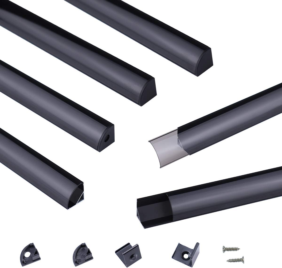 Muzata 10Pack 6.6FT/2M V-Shape LED Channel System with Crystal Smoky Transparent Clear Cover Lens Frosted, Black Aluminum Extrusion Profile Housing Tape Lights V1SW BB 2M,LV1 LW1 L2M