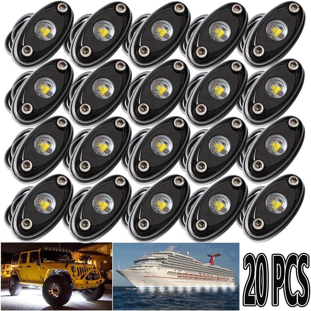 LEDMIRCY LED R1Rock Lights White 20PCS for Je ep Trucks RZR Off Road Boat Car Auto ATV UTV SUV Underglow Trail TRAI Rig Lights Underbody Neon Lights High Power Waterproof Shockproof