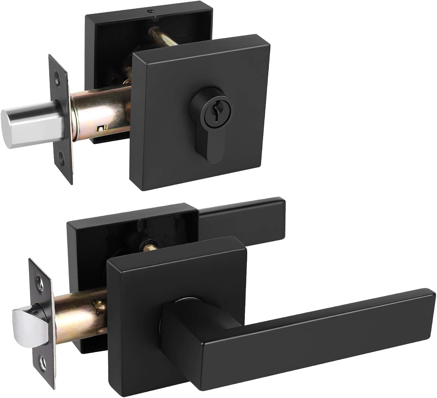 4 Pack Passage Door Lever with Single Cylinder Deadbolt Combination Set in Matte Black for Interior and Exterior Front Doors, Keyed Alike Heavy Duty Door Lever Sets Reversible for Right & Left Sided