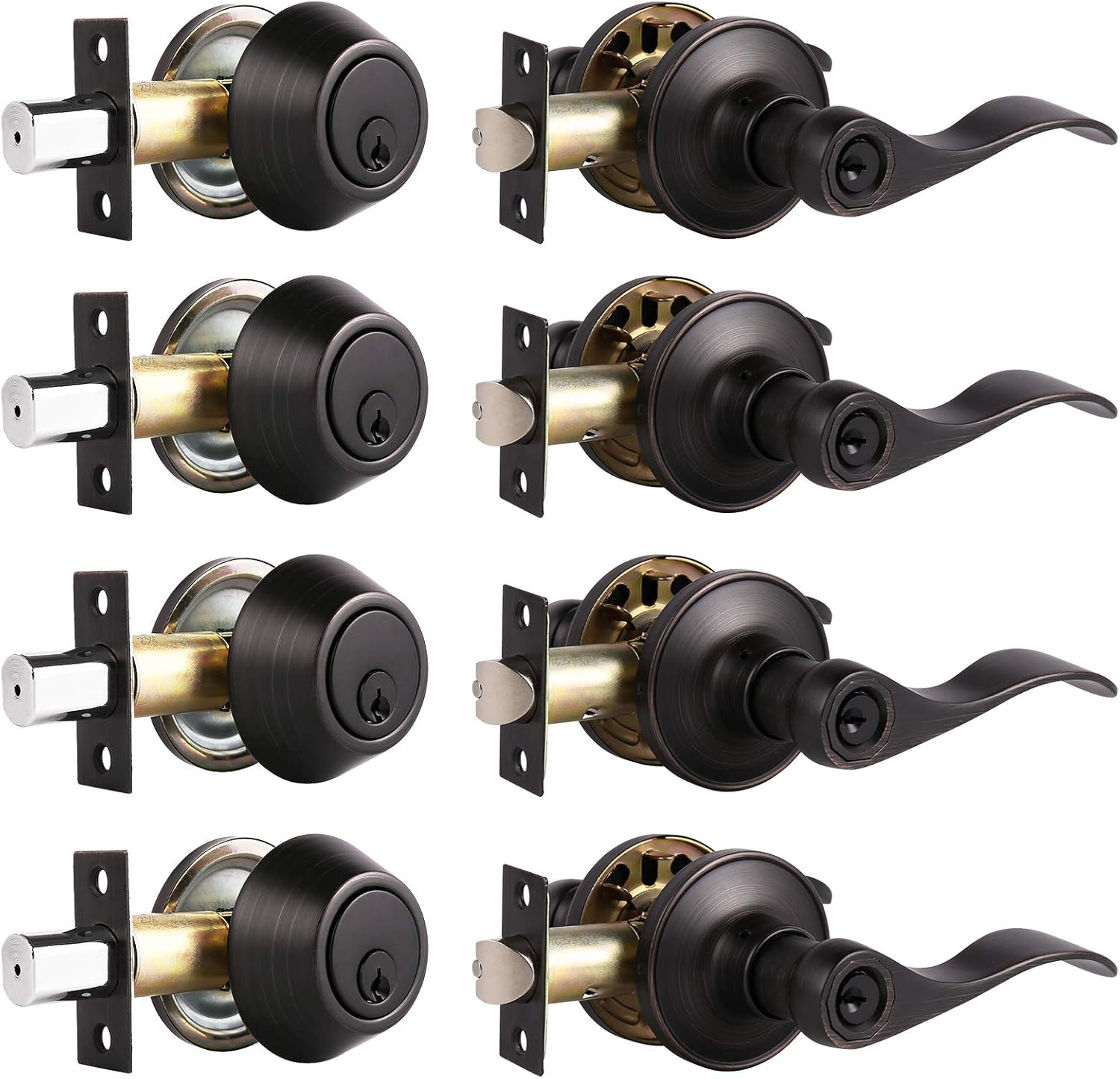 3 Sets-Front Door Entry Lever and Single Cylinder Deadbolts Combination Set, Keyed Alike Interior and Exterior Hardware, Oil Rubbed Bronze Door Handlesets, Combo Pack, Drop/Wave Shape Lockset Leverset