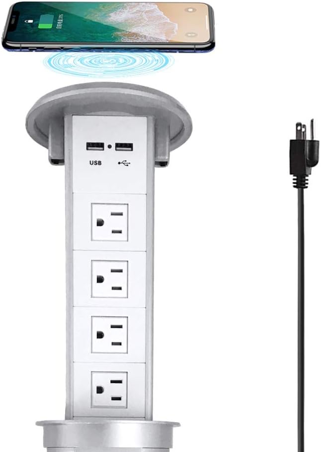 Zeshan Pop up Outlet with Wireless Charger for Kitchen countertop 4 US Power USB Ports for Hotel/Office/Conference Table/Countertop Black