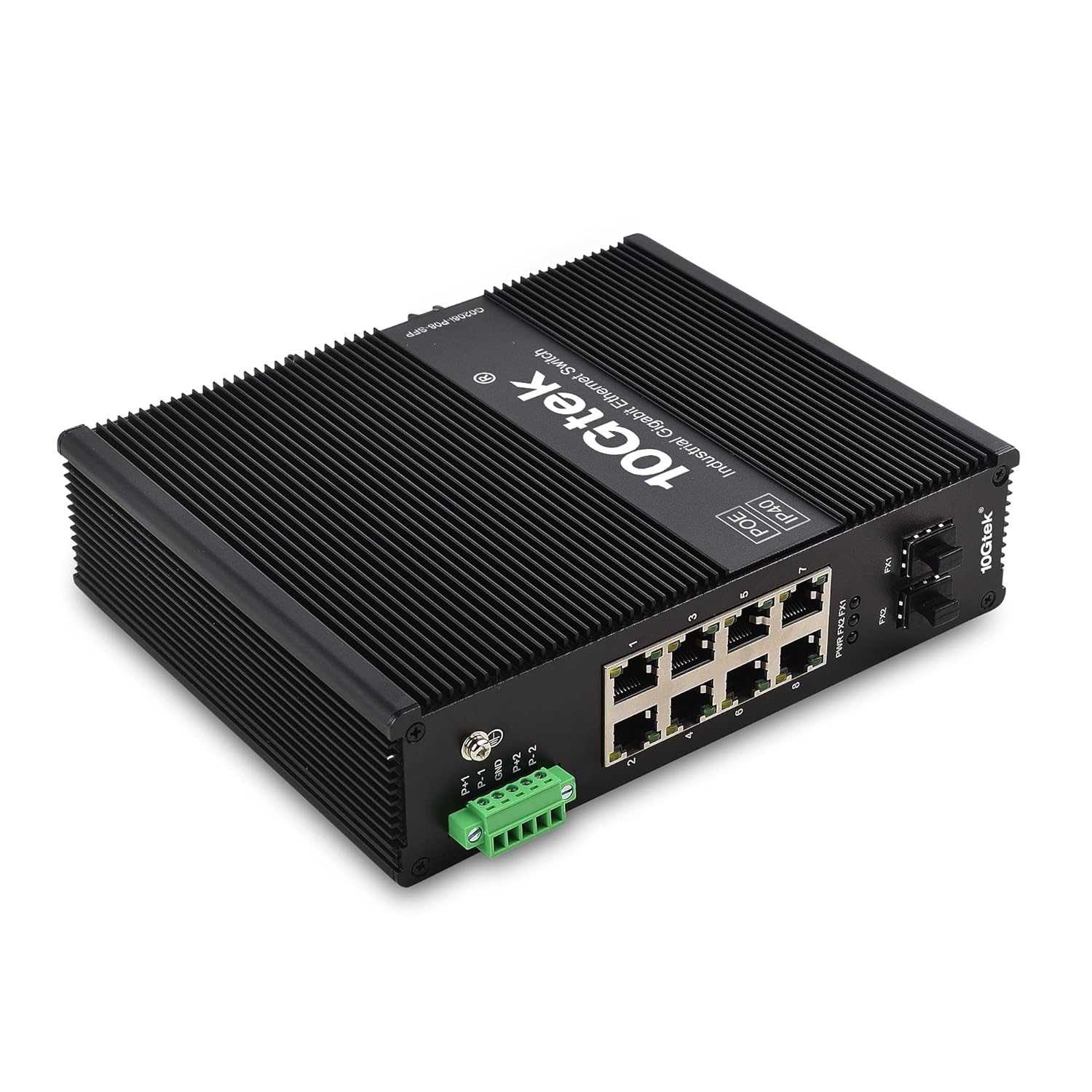 Industrial IP40, 10-Port Gigabit Ethernet Switch, POE 802.3af/at (w/20-km SFP transceiver), G0208i-P08, DIN-Rail Mount