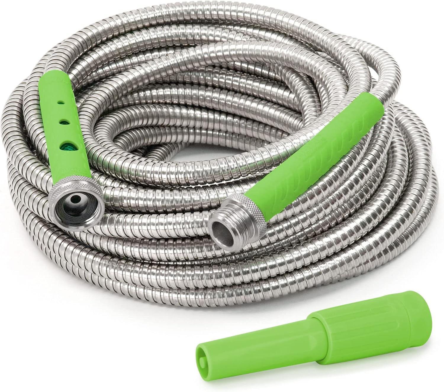 Bernini 75' Metal Garden Hose Lite Super Flexible Garden Hose, Lightweight No Kink Puncture Resistant 304 Stainless Steel Hose With Adjustable Fireman Spray Nozzle & Patented Power Couplers - Red Pack of 2