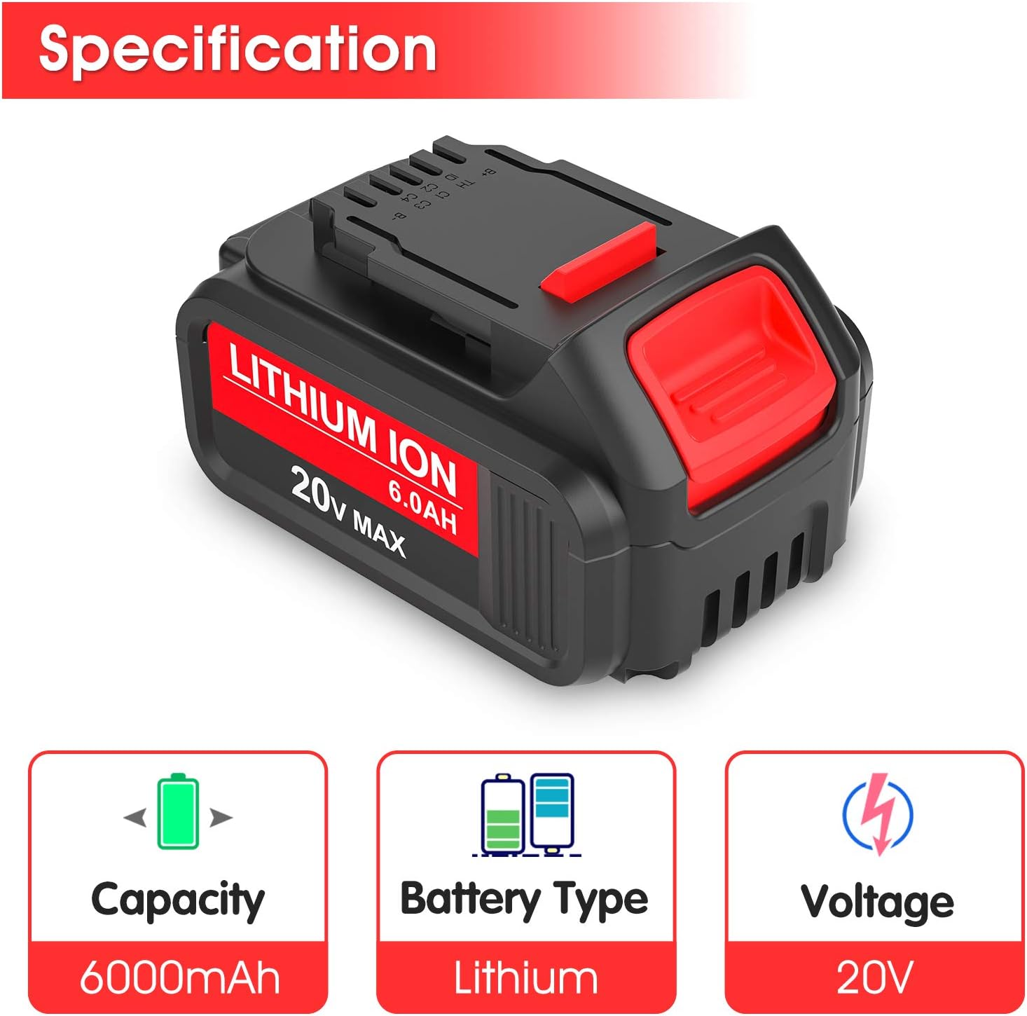 2 Pack 6.0Ah DCB206 Replacement Battery Compatible with Dewalt 20V Battery Max Lithium DCB200 DCB201 DCB203 DCB204 DCB205 DCB207 Pack of 2