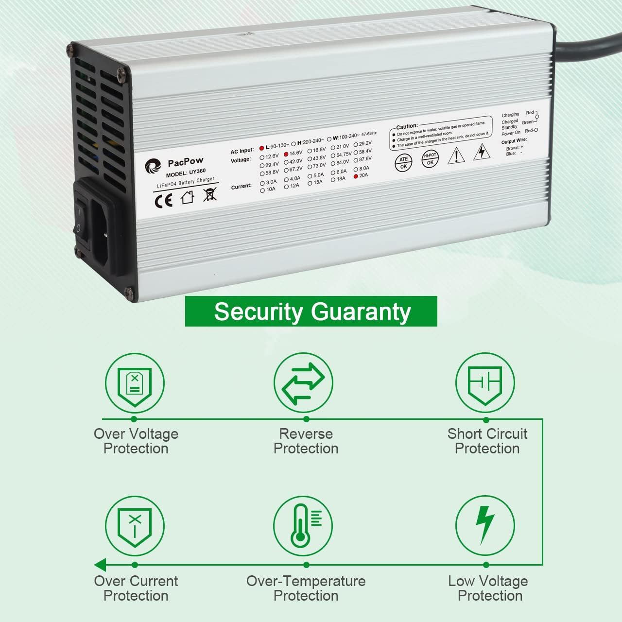 PacPow 14.6V 20A AC/DC Battery Charger for 12.8V Lithium Iron Phosphate, LiFePO4 Battery Recharging