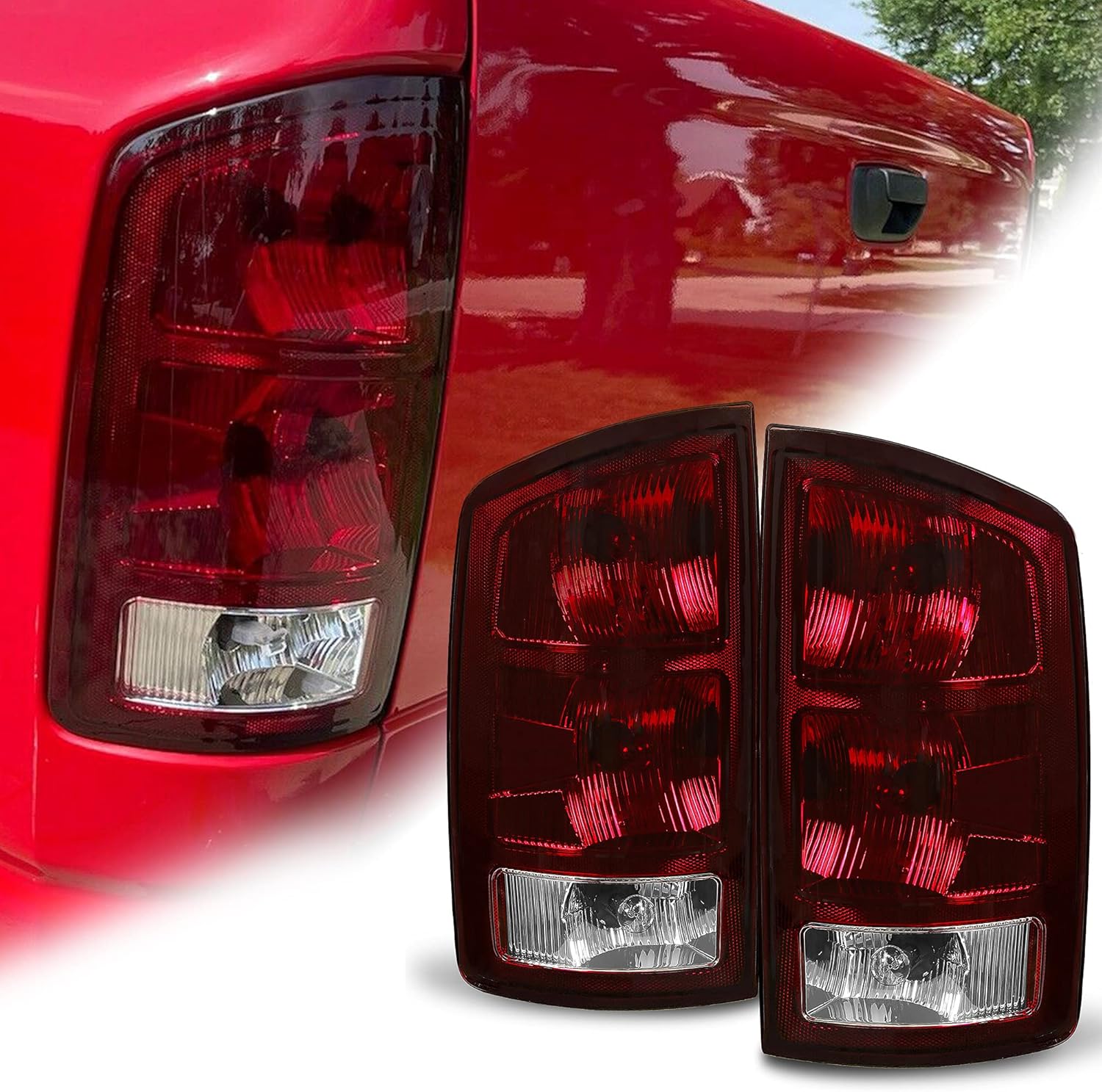 ECOTRIC Pair Tail Light Compatible with 2002-2006 Dodge Ram 1500 / 2003-2006 Ram 2500 3500 Taillight Turn Signal Light Replacement for 55077348AF CH2801147 55077347AF CH2800147 (Red Smoked) Pack of 2