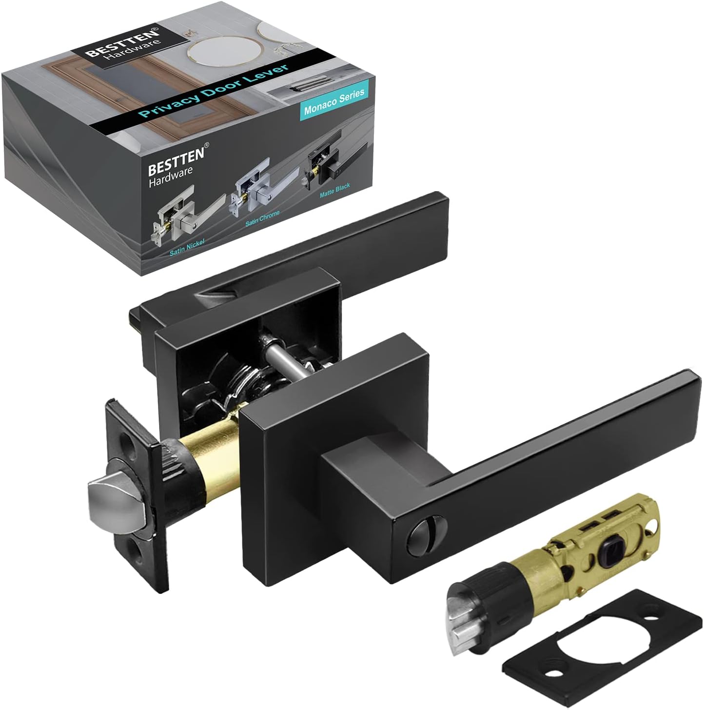 [5 Pack] BESTTEN Heavy Duty Square Passage Door Lever with Removable Latch Plate, Monaco Series Matte Black Hallway Door Handle, Interior Door Lever Set with No Lock