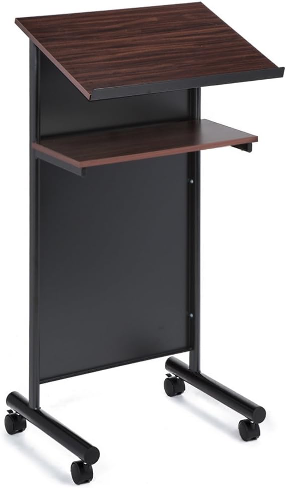 Wheeled Lectern with Storage Shelf - Beech/Black - Compact Standing Desk for Reading - Laptop Stand