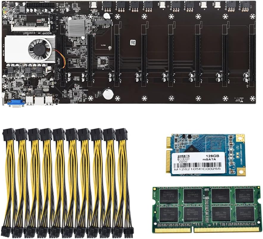 Mining Motherboard BTC-D37 with 8GB RAM, 128G MSATA SSD and 10PCS 8Pin（6+2） Male 9-Inch Cables, System Board with 8 GPU Slots for Miner Rigs