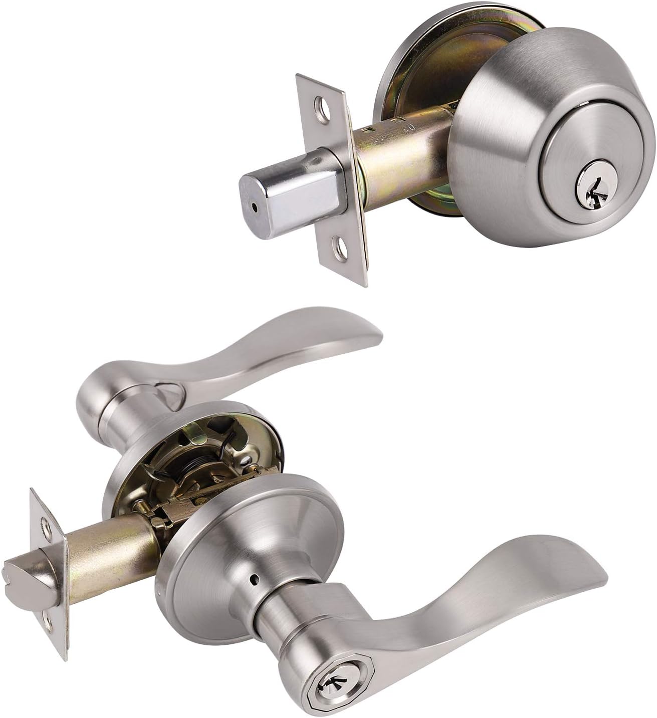 4 Sets-Wave Style Entry Door Handle Set with Double Cylinder Deadbolt in Satin Nickel Finish,Keyed Alike Combo Pack, Entry Door Lever, Keyed Lockset Handleset Leversets Exterior