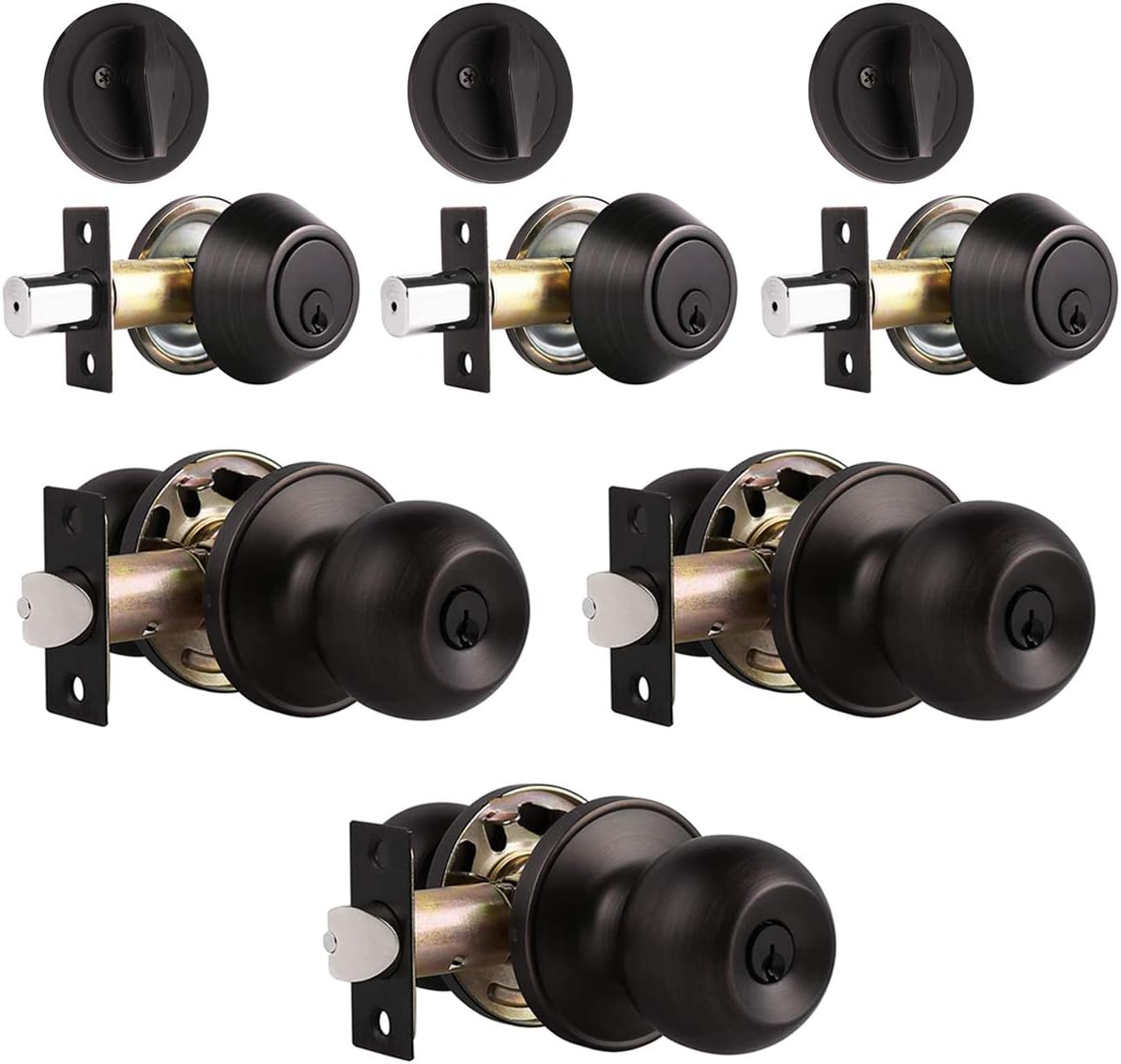 5 Pack Keyed Alike Entry Door Knob and Single Cylinder Deadbolt Lock Set Security for Entrance and Front Door, Exterior Door Lock Set with Deadbolt in Oil Rubbed Bronze Finish, Door Knob with Deadbolt