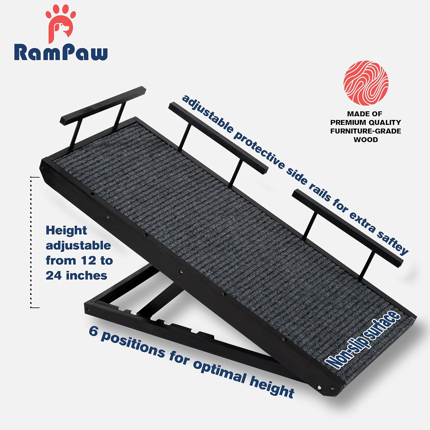 Rampaw Adjustable Pet Ramp for Small Dogs and Cats - for Couch or Bed with Paw Non Slip Traction Mat, Adjustable Height from 12 to 24 in - Sturdy, with Safety Side Rails, Dog Training Manual (Black) Pack of 2
