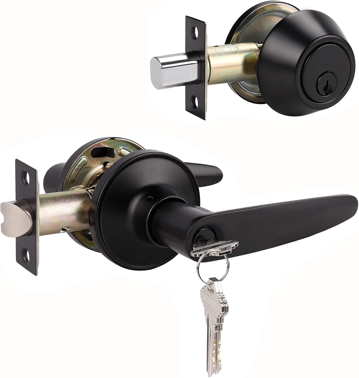 2 Pack Keyed Entry Door Lever and Single Cylinder Deadbolt Combination Set in Matte Black Finish, Exterior Lever with Lock and Deadbolt, Keyed Alike Pack of 2