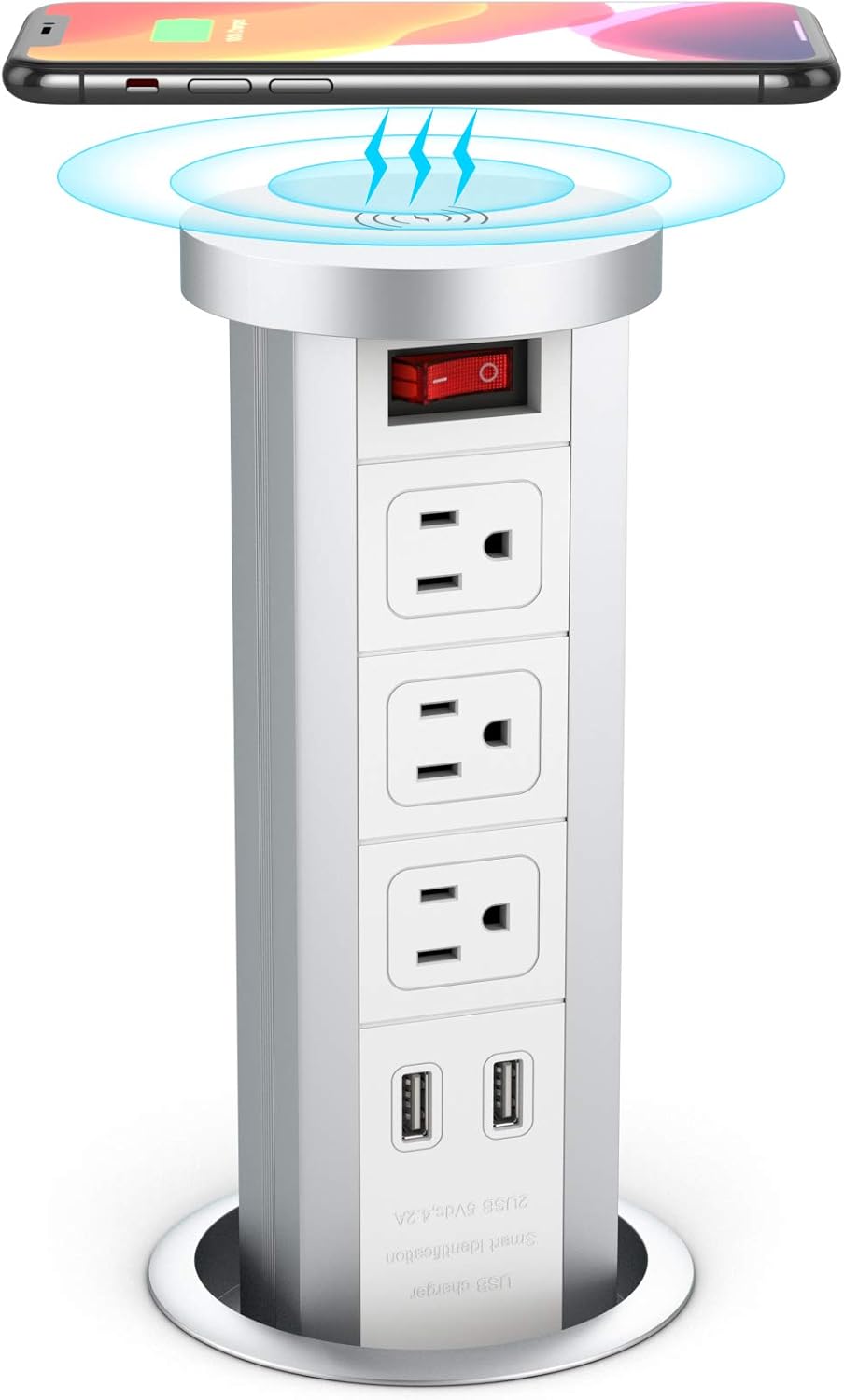 BTU Automatic Pop Up Power Strip, Retractable Hidden Recessed Power with 2 4.2A USB Charger Ports and Wireless Charger Station, 3 AC Outlets for Kitchen Countertop Conference