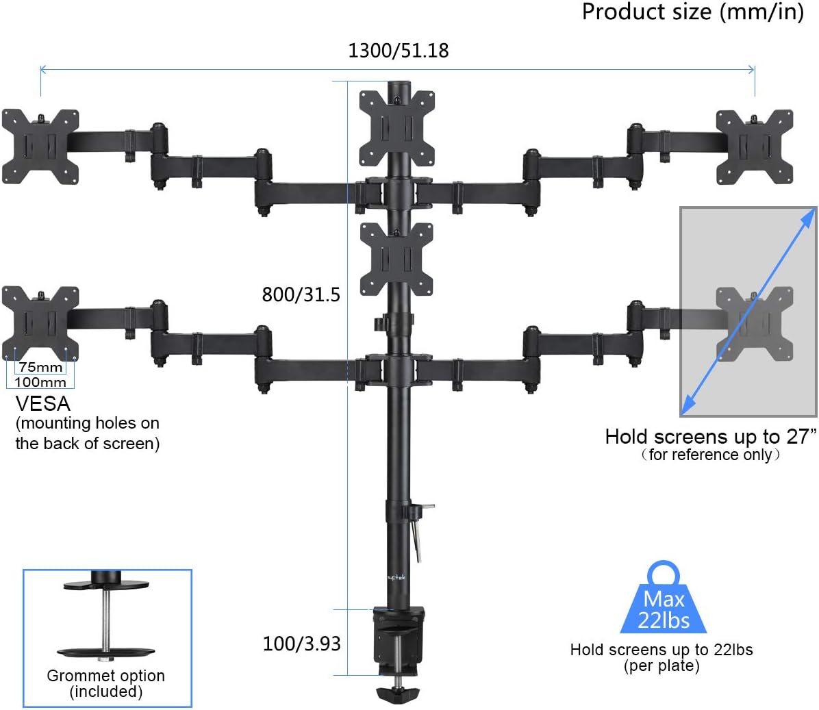 Suptek Hex LED LCD Monitor Stand up Desk Mount Extra Tall 31.5 inch Pole Heavy Duty Fully Adjustable Stand for 6 / Six Screens up to 27 inch (MD68126)