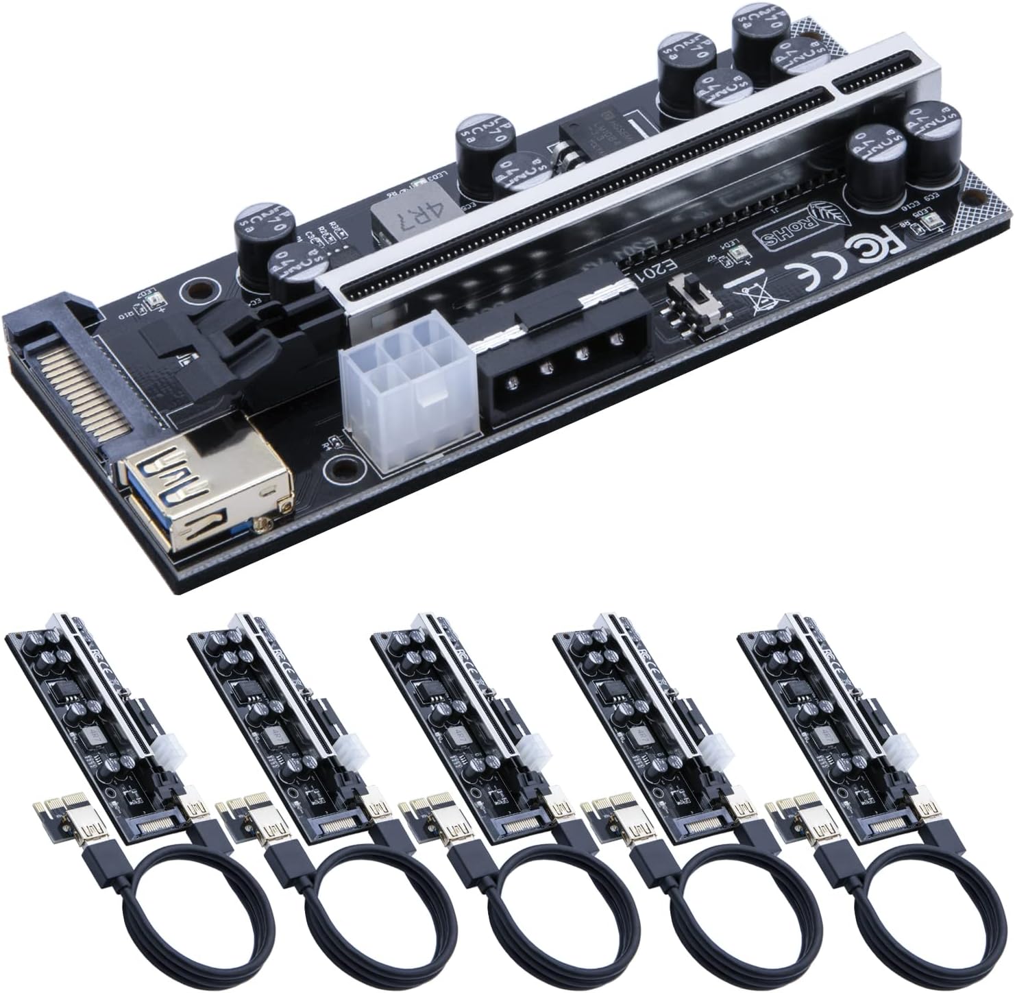 Mailiya V009s Pro PCIe Riser, GPU Riser Card for Crypto Mining 16X to 1X, Powered Riser Adapter w/10 Solid Capacitors/LED Status for BTC/Ethereum Mining ETH(6 Pack) Pack of 2