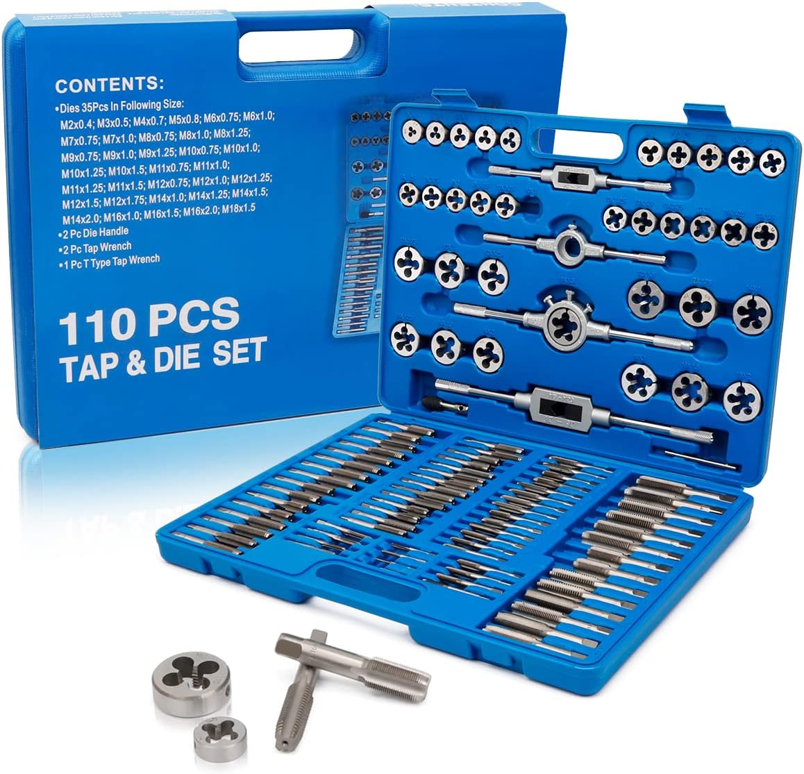 Taiidaues 110 Piece Hardened Alloy Steel Metric Tap And Die Threading Tool Set, SAE Standard Metric Tap Die Set for Cutting External and Internal Threads - With Storage Case Pack of 2