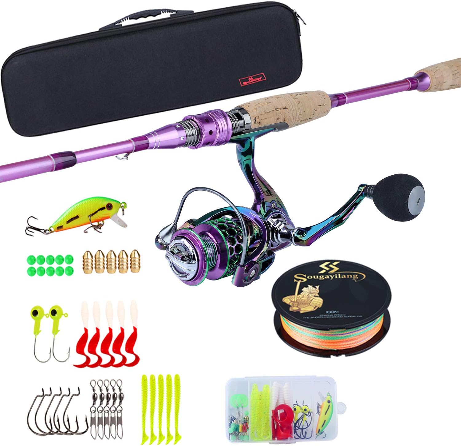 Sougayilang Fishing Rod Reel Combo，Carbon Fiber Protable Spinning Fishing Pole and Colorful Spinning Reel for Travel 4 Pieces Freshwater Pack of 2