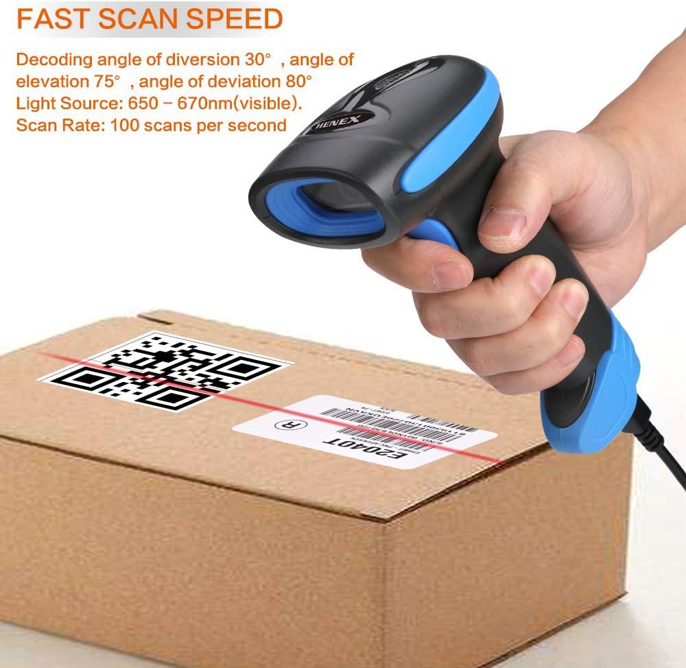 HENEX HC-3208R 2D Wireless Barcode Scanner 2 in 1 Wired Handheld QR Code Scanner USB 1D Barcode Reader Rechargeable (Blue)