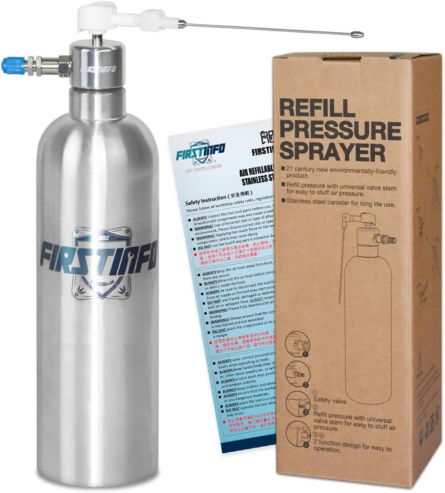 FIRSTINFO Aerosol Refillable Fluid Oil Pressure Storage Sprayer Can Stainless Steel Pneumatic Manual Compressed, Dual Purpose Nozzle for Jet Straight Stream & Mist Spraying Kit Pack of 2
